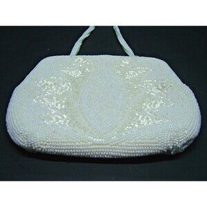 Vintage Seed Bead Mini Kiss Lock Bag Purse White Safco Evening Clutch Handbag 5"